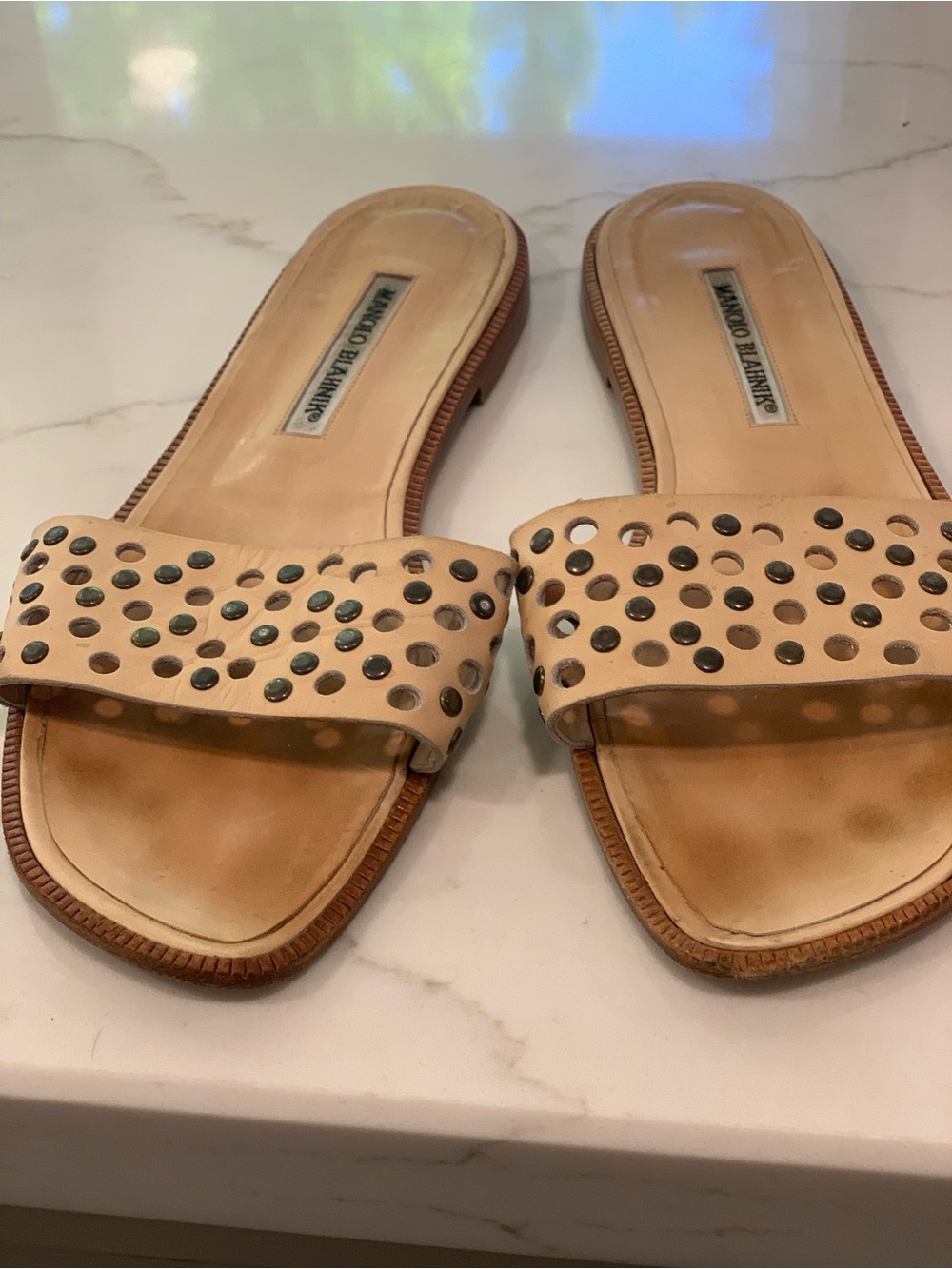 Manolo Blahnik Beige Leather Studded Slide Mules